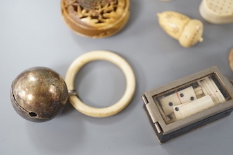 A collection of ivory objects, to include a manju netsuke, a needle box, miniature dominos, etc., 19th century